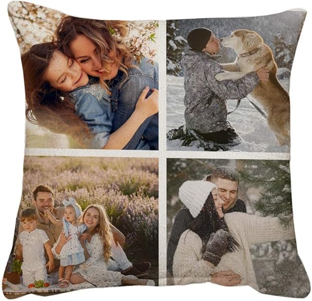 Getagift Personalised with Four Photos/Multi Photo Printed Collage Linen Throw Pillow/Cushion, Memorable Gift Ideas for Family, Friends, Birthday, Special Occasion. (Linen Cushion Cover, 4 Photos)