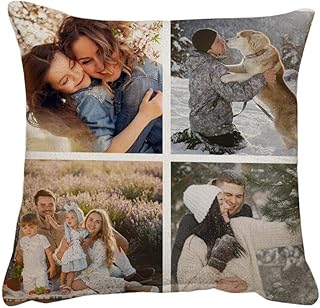 Personalised with Four Photos/Multi Photo Printed Collage Linen Throw Pillow/Cushion, Memorable Gift Ideas for Family, Friends, Birthday, Special Occasion. (Linen Cushion Cover With Insert, 4 Photos)