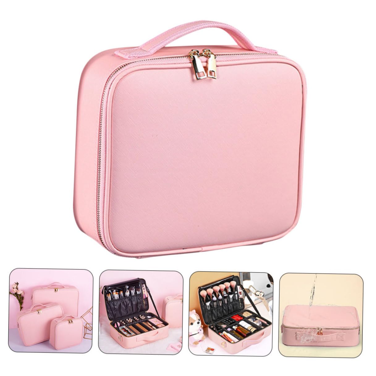 Borsa Cosmetica Grande in Pelle Pu Rosa con Divisori Regolabili | Organizer da Viaggio, Chiusura a Zip, Scomparti Rimovibili e Regolabili per Manicure e Truccatori Professionisti