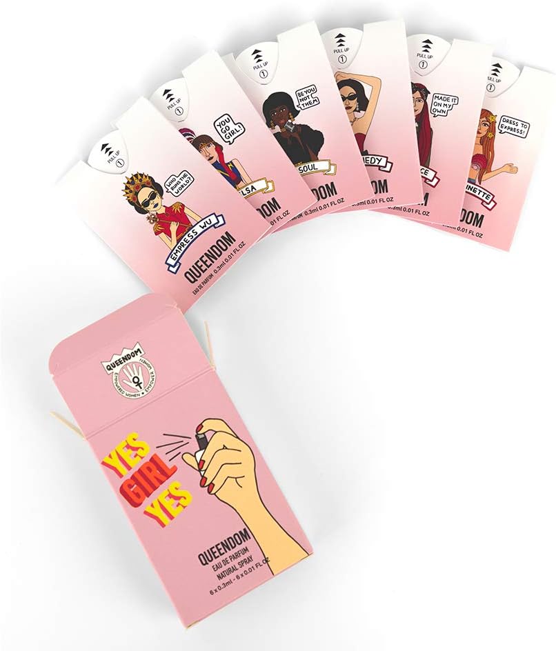 Queendom Sampling Kit Perfume for Women | Floral, Fruity, Woody Fragrances | 6 x 0.3 ml Mini Eaux de Parfum Flat Spray | Cruelty Free, Paraben Free, Sulfate Free