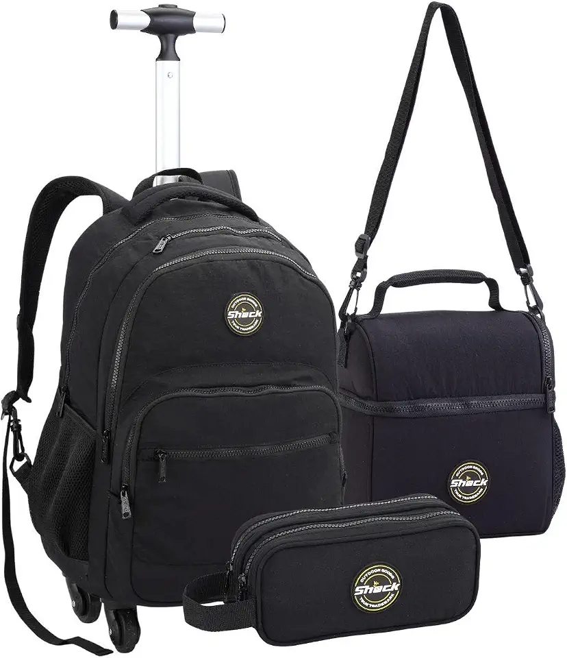 Mochila Escolar com Rodinhas Masculina, Lancheira Térmica e Estojo Duplo Compartimento, Conjunto 3 Peças, Alça Telescópica 2 Níveis, Material Reforçado