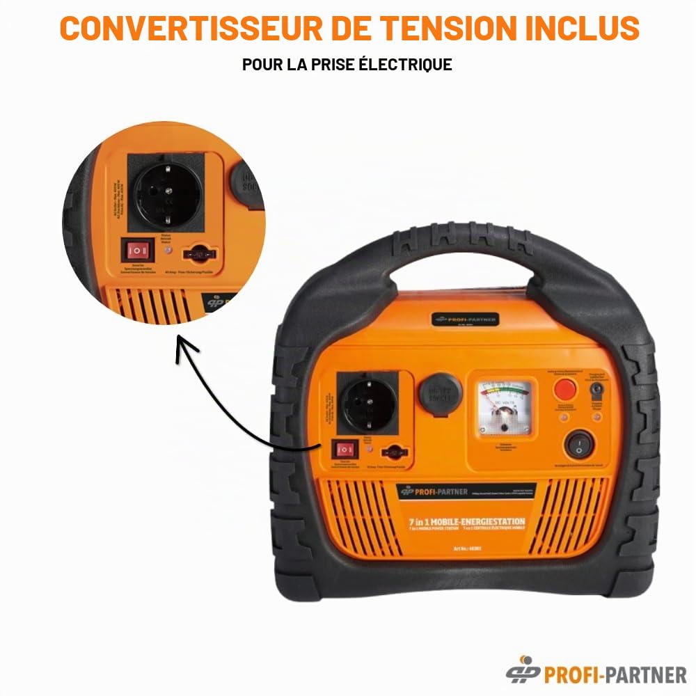 Station d'énergie mobile/station d'énergie portable/démarreur automatique avec compresseur/tuyau et adaptateurs, convertisseur de tension 12 V/230 V prise de courant (400 W), phare LED