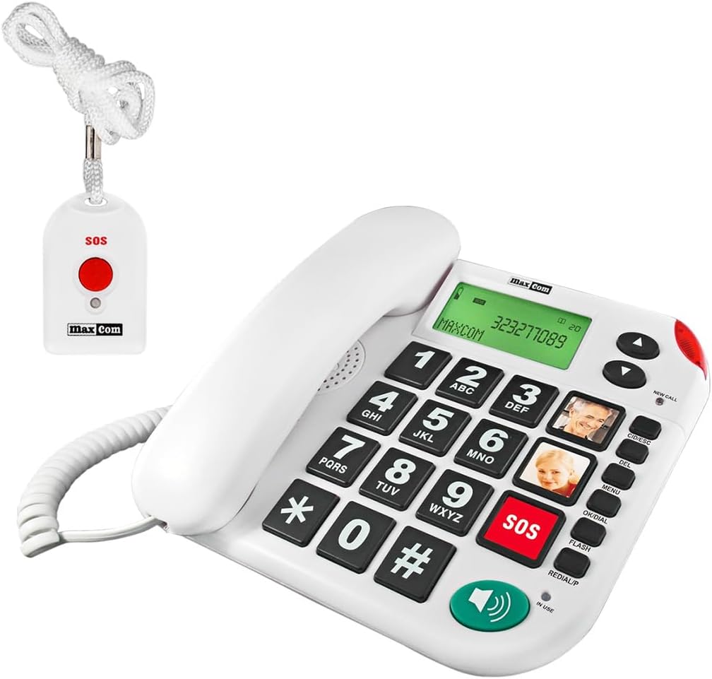 MaxcomKXT481 Fixed Line UK Corded Phone with Remote SOS Emergency Pendant and Direct Photo Memory Buttons - White