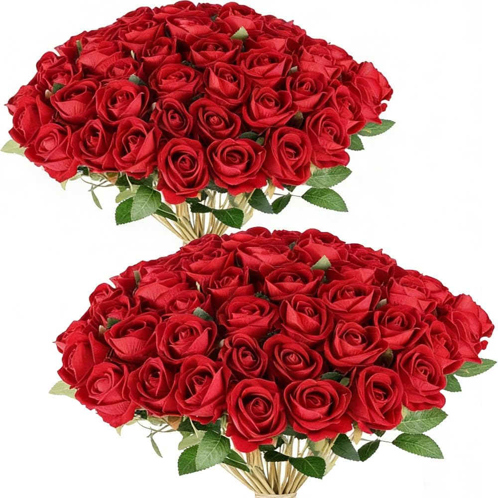 Jasion 50PCS Artificial Roses Realistic Velvet Silk Fake Flowers Long Stem Faux Flowers Bouquet for Wedding Home Party Table Centerpieces Decoration (Red) - Image 9