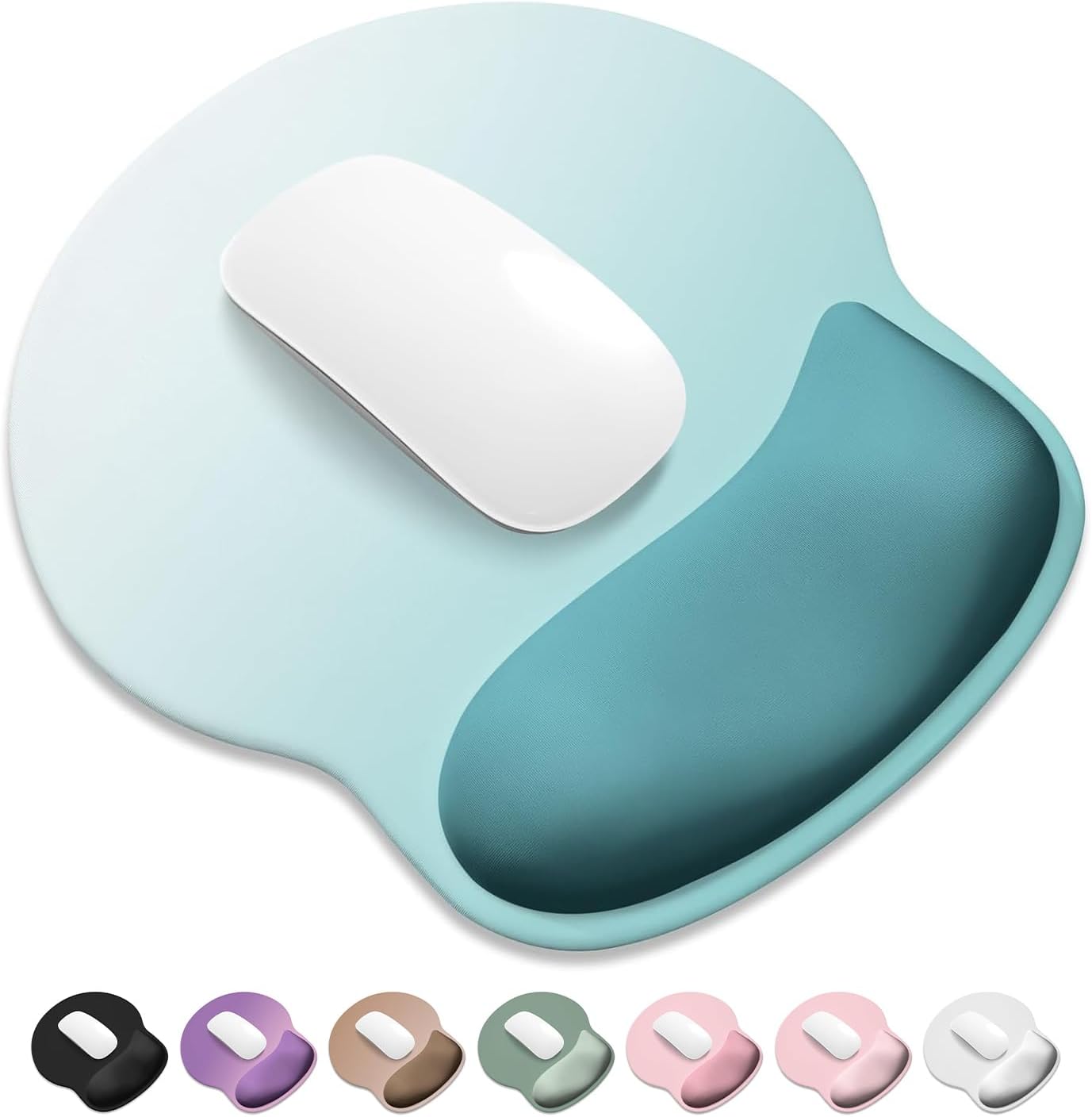 ITNRSIIET Ergonomic Mouse Pad with Wider Memory Foam Wrist Rest +17%, Curved Cushion Reduces Pressure 20%, Pain Relief, Non-Slip, Smooth, Cute Color Desk Accessory, 9.85 x 9 inch, Light Green