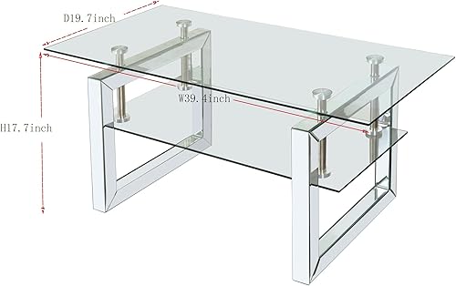 Miniatura 2 de Mesa de café moderna de vidrio para sala de estar, oficina, mesa de centro rectangular de 2 niveles de 39.4 pulgadas con patas espejadas, mesa de