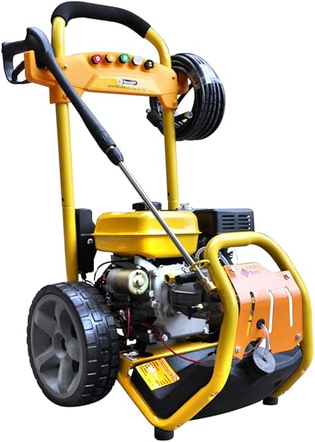 RocwooD Electric Start Petrol Pressure Power Jet Washer 3950 PSI 8HP 12M Hose Plus Free Oil Portable Driveway Garden Car Wash Patio Deck Fence Yellow Accessories Lance Nozzle