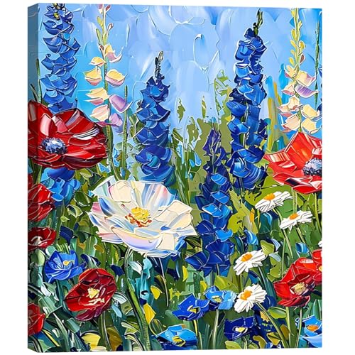 Image of Made USA Framed Red White Blue Wildflower Wall Art, Retro Bedroom Kitchen Wall Decor Rustic 4th of July Independence Day Canvas Prints Artwork, Classic Patriotic Pictures Home Decor