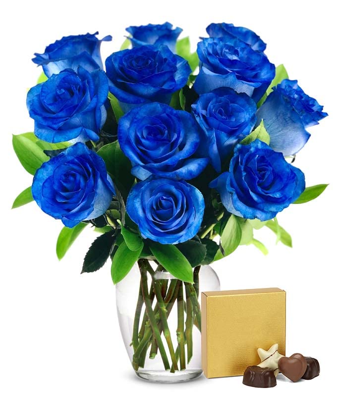 From You Flowers - One Dozen Blue Roses with Chocolates with Glass Vase | Fresh Flower Bouquets for Birthday, Anniversary, Get Well or Celebration