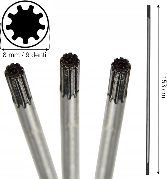 Tige de transmission pour débroussailleuse en acier trempé, 153 cm, tube 150 cm, diamètre 8/28 mm, fixation 9 dents