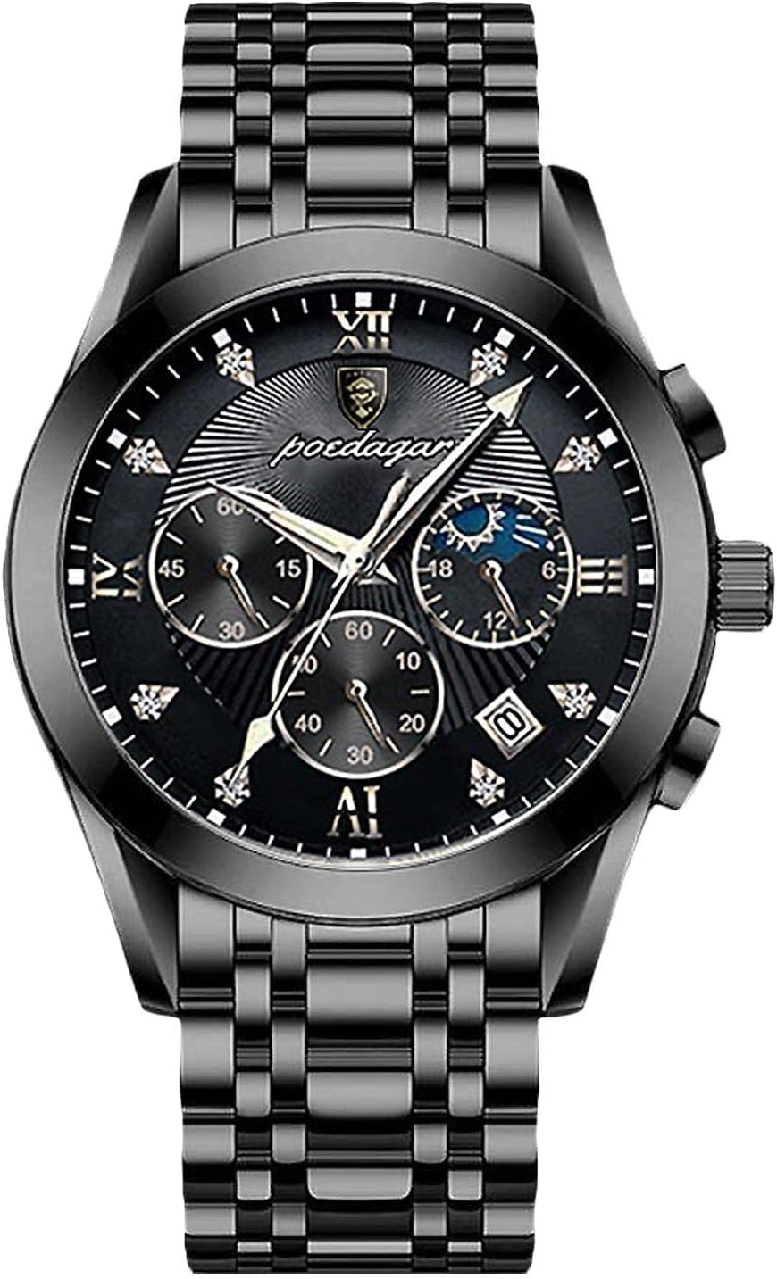 RORIOS Fashion Men's Analog Quartz Chronograph Watch with black dial and metal band.