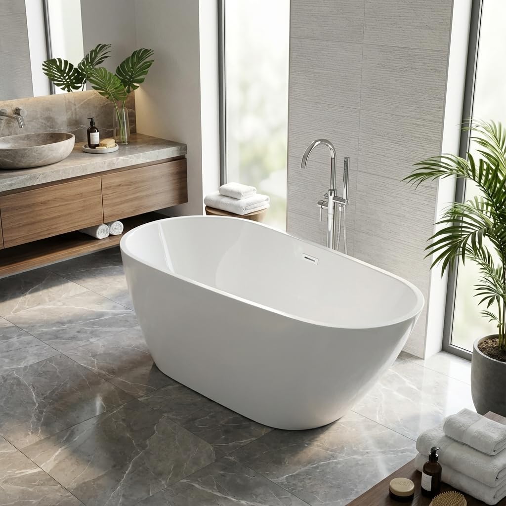 67 Inch Acrylic Freestanding Bathtub, Acrylic Soaking Bathtub with Matte Drain and Overflow, Modern Square Tub, CUPC Certified, Deep Ergonomic Design, Double-Walled Insulation, Easy Installation
