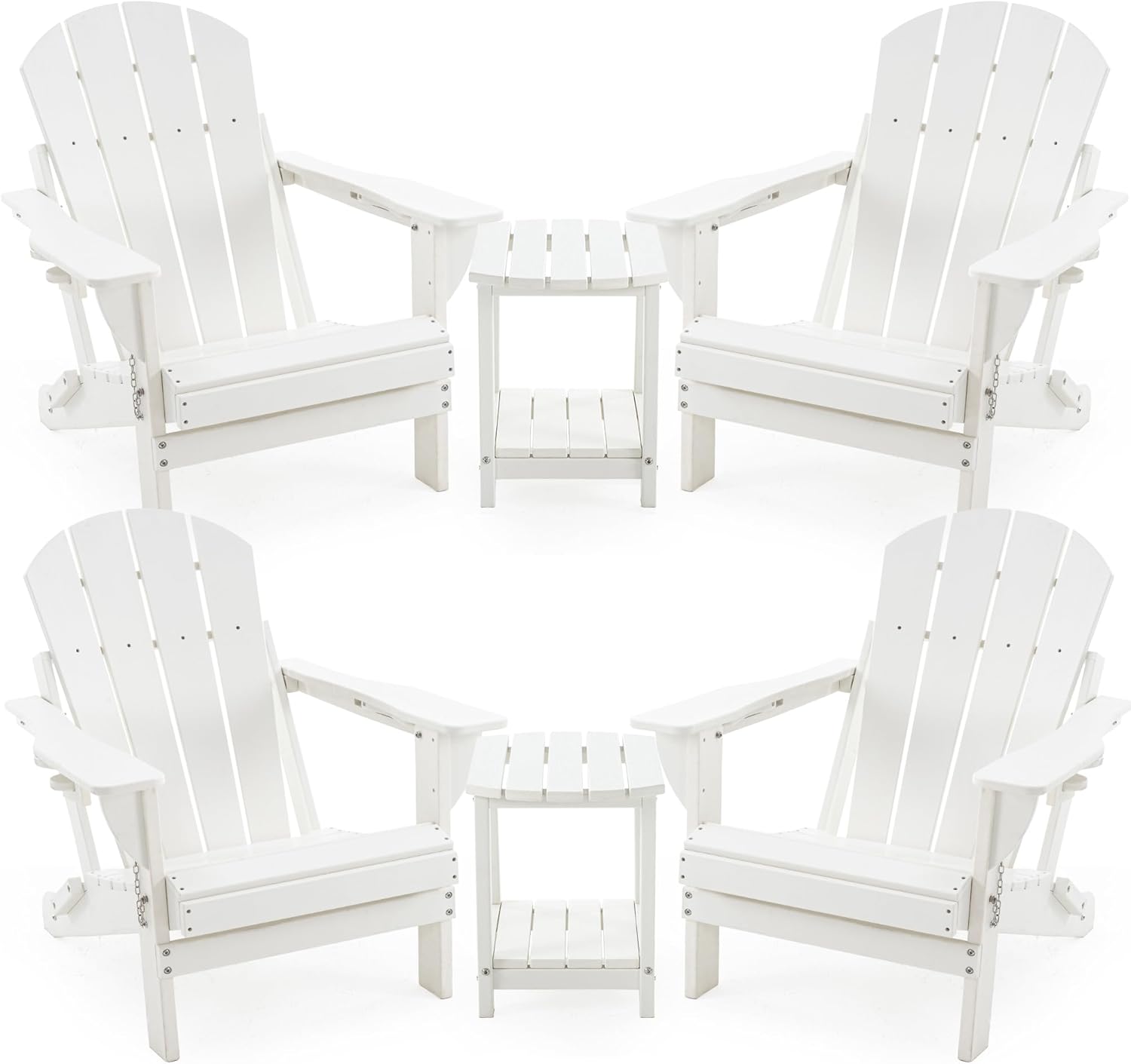 4 Chairs & 2 Tables Folding Adirondack Chair Set with Table – HDPE Weatherproof Outdoor Patio Chairs with Reclining Back and Cup Holders, 2-Tier Storage End Tables for Firepit Garden(White)