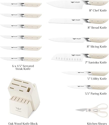 Miniatura 2 de Juego de cuchillos de cocina - Juego de 14 cuchillos blanco crema con bloque y afilador - Acero inoxidable alemán - Juego de bloques de cuchillos de