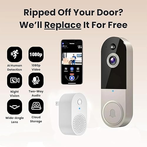 Miniatura 6 de Timbre de puerta seguro inalámbrico, timbre seguro sin cargo mensual, timbre de video inalámbrico Wi-Fi, visión nocturna, audio bidireccional, forma
