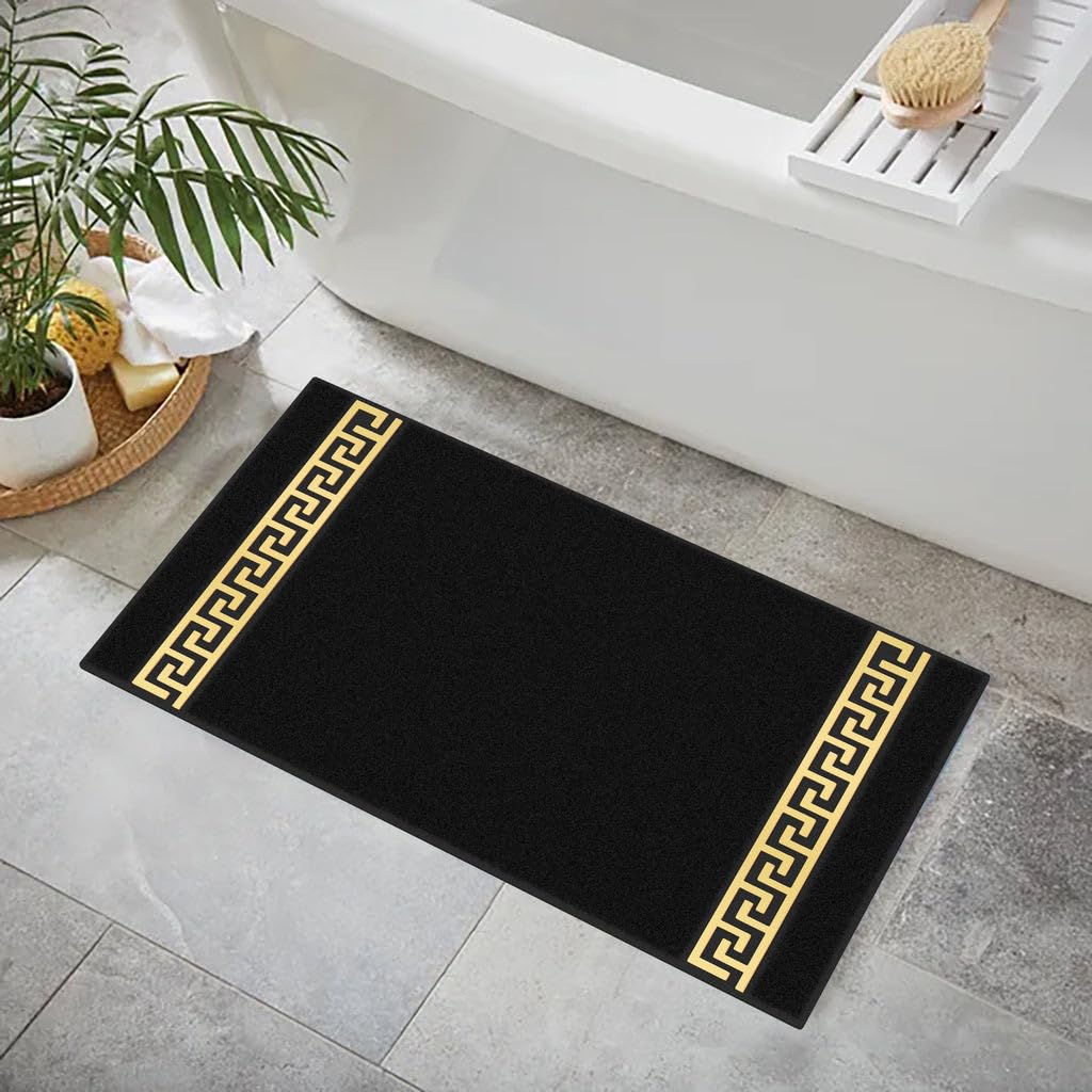 Badmat, badkamertapijt, douchemat, douchemat, Grieks meanderpatroon in zwart goud met noppen, 100% katoen, antislip, wasbaar, vloerverwarming, 50 x 90 cm