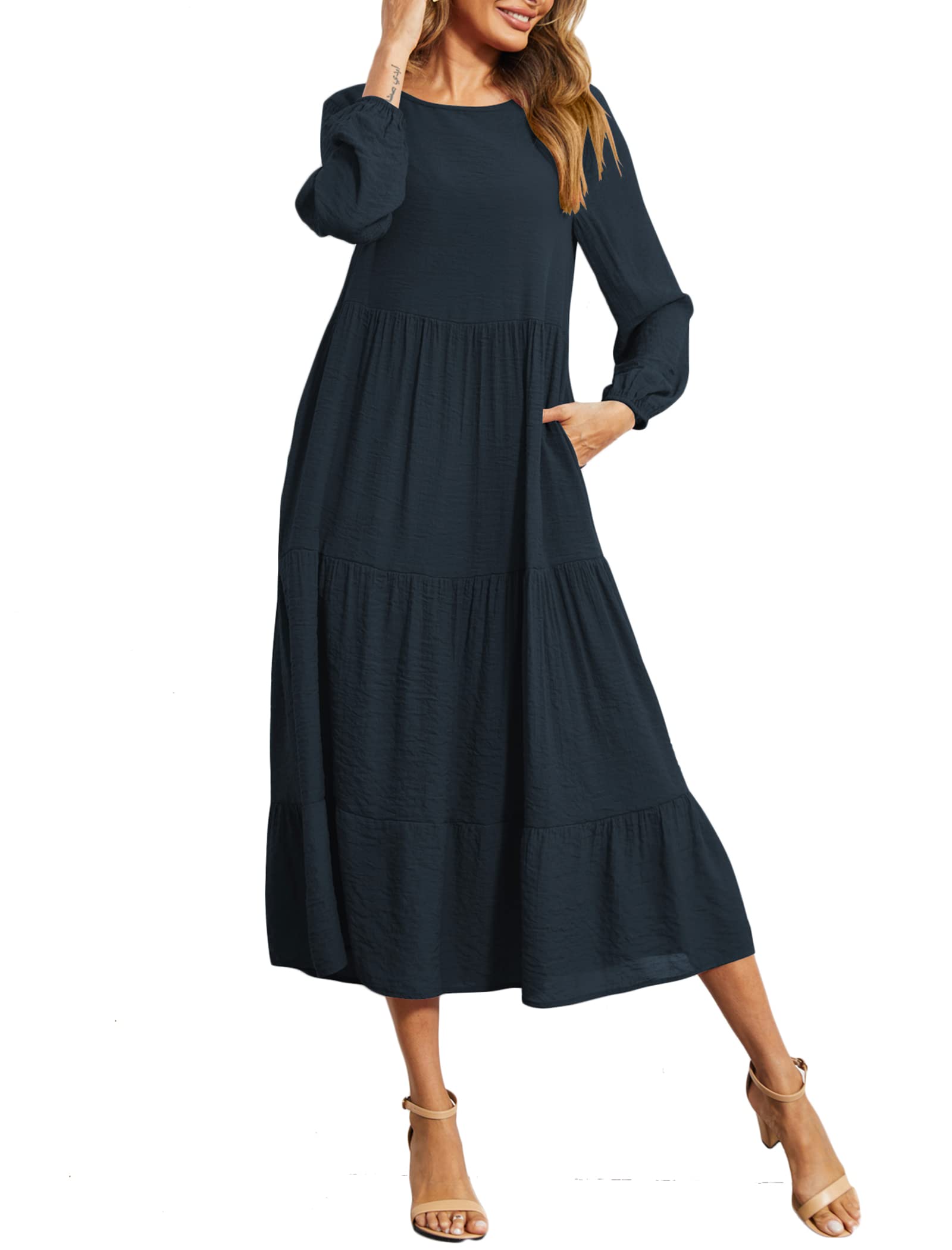 Halife Women's Summer Casual Maxi Dresses Flowy Ruffle Boho Long Dresses with Pockets