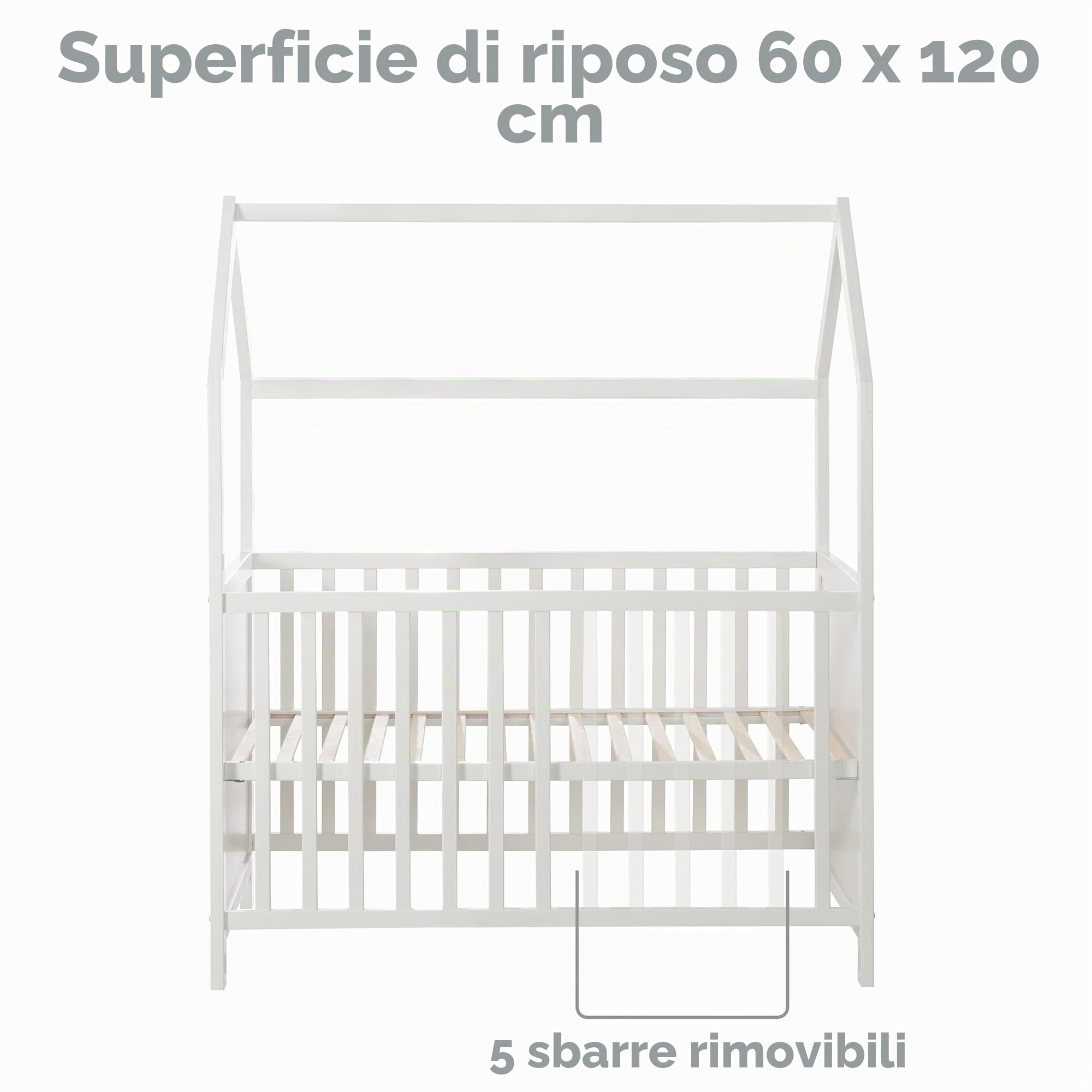 roba Lettino a Forma di Casa 60 x 120 cm - Certificato FSC - Culla Co-sleeping - Regolazione in 6 Altezze Diverse - Trasformabile - Legno Laccato Grigio