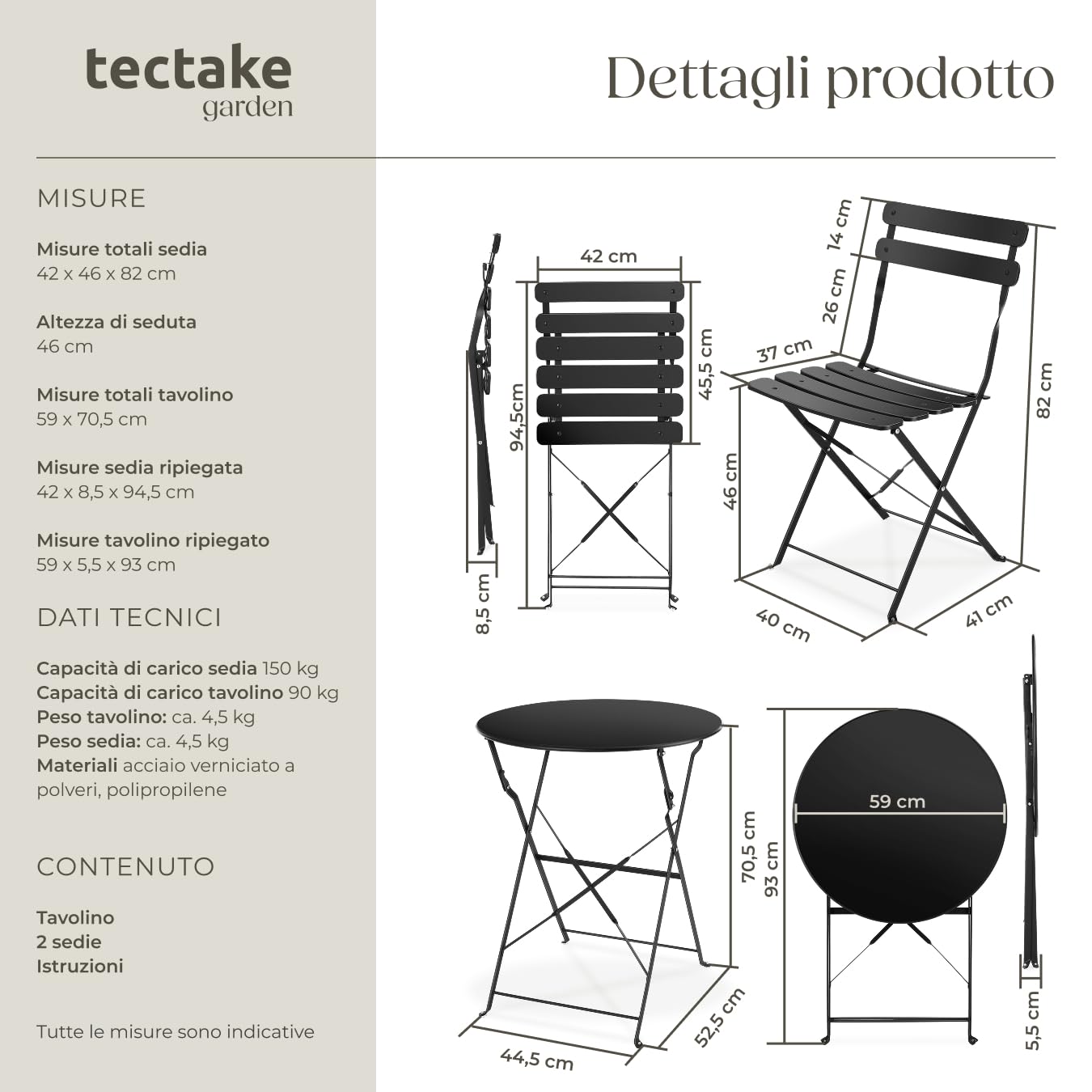 Tectake Set Bistrot Pieghevole per 2 Persone Telaio Acciaio Tavolo e Sedie Giardino Nero
