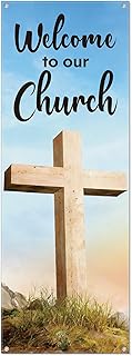 Welcome to Our Church Banner for Church 24 x 72 Inch Easter Adjustable X-Stand Banner Lent Ceremonies Religious Decorations Jesus Resurrection Banners for Christian Churches Supplies