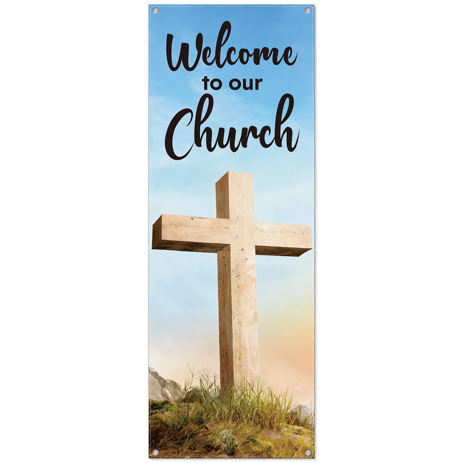 Hahafelt Welcome to Our Church Banner for Church 24 x 72 Inch Easter Adjustable X-Stand Banner Lent Ceremonies Religious Decorations Jesus Resurrection Banners for Christian Churches Supplies