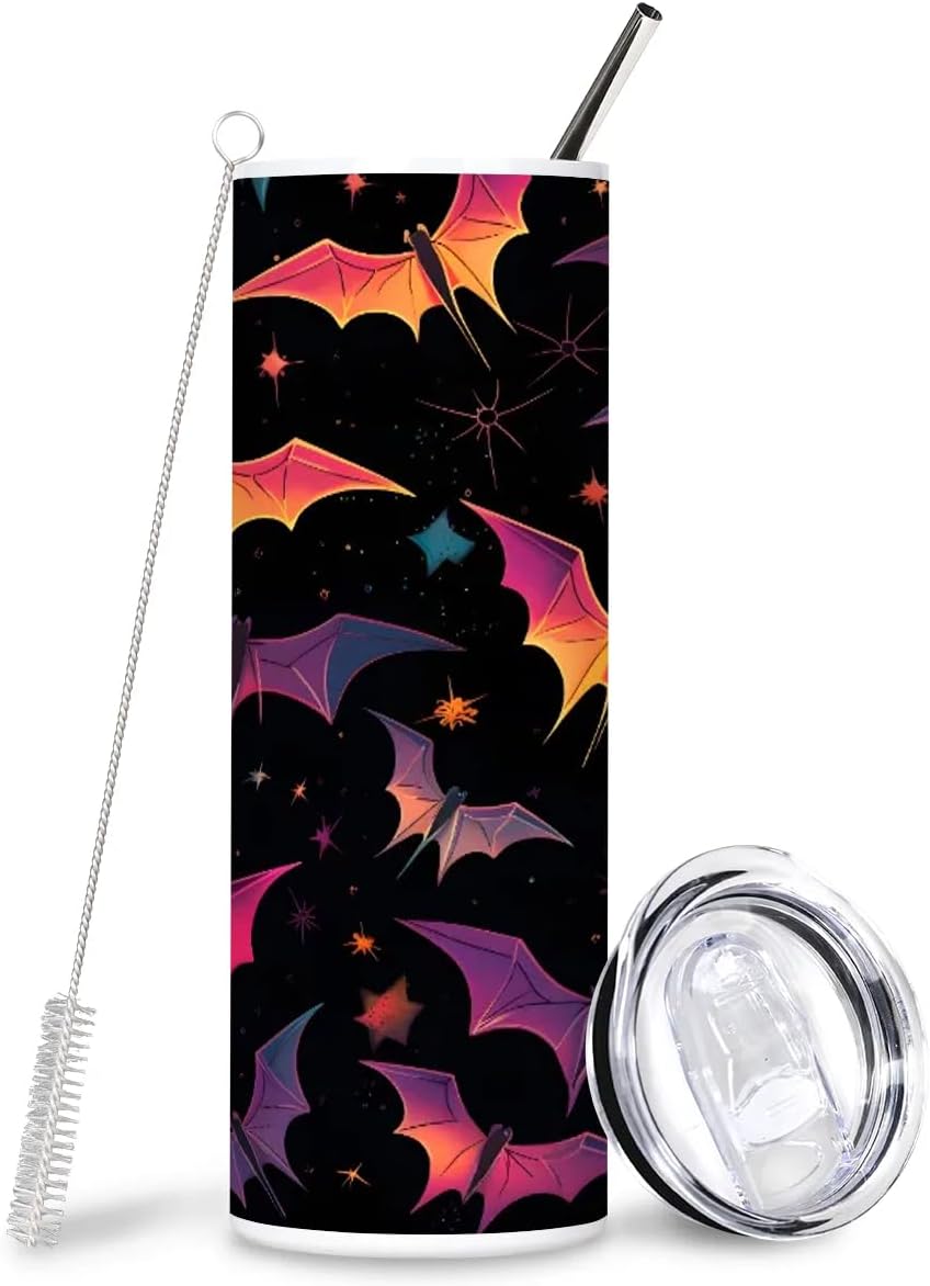 Halloween Bat 20 oz Stainless Steel Tumblers Double Wall Iced Coffee Cups with Lids and Straws Thermal Cups for Hot and Cold Drinks