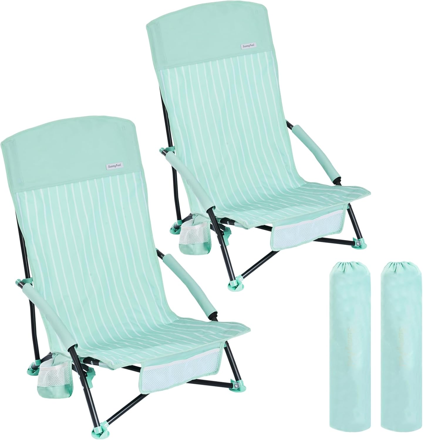 SUNNYFEEL Folding Beach Chair, High Back Beach Chairs for Adults, Lightweight Portable Camp Chair 300lbs Heavy Duty with Carry Bag, Cup Holder for Outdoor Travel Picnic Concert, 2 Pack, Green