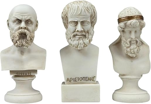 Socrates, Aristotle & Plato Bust Set Greek Philosopher Statues | Handmade Cast Alabaster Grey Sculptures | Classical Philosophy Home Decor