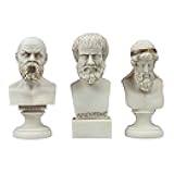 Socrates, Aristotle & Plato Bust Set – Greek Philosopher Statues | Handmade Cast Alabaster Grey Sculptures | Classical Philosophy Home Décor