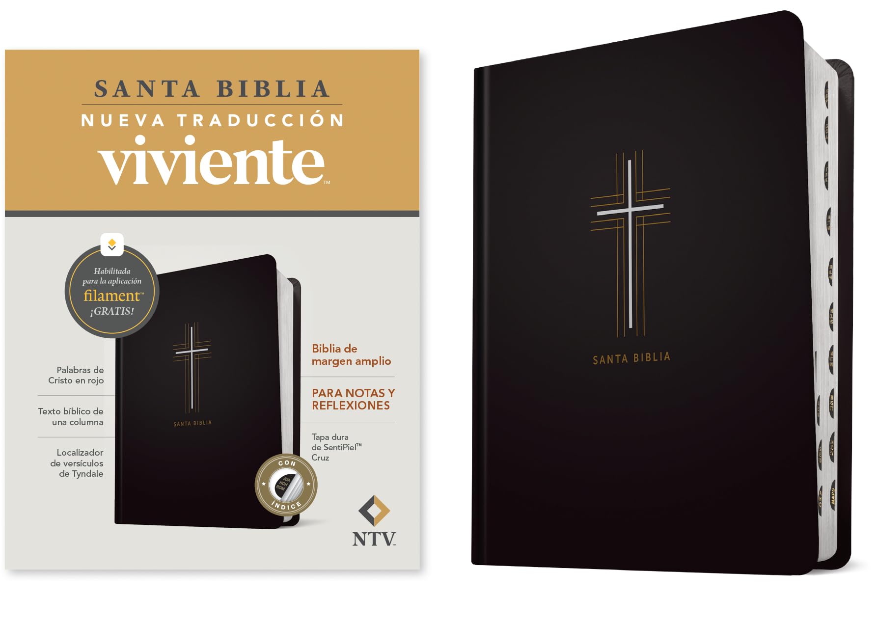 Biblia de margen amplio NTV con Filament (Tapa dura de SentiPiel, Cruz, Indice, Letra Roja)
