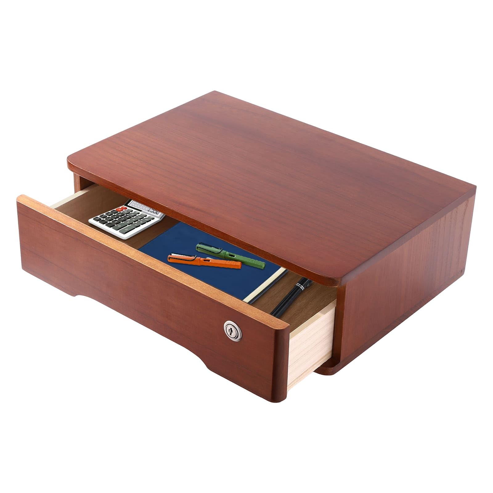 Boîte de Rangement avec Tiroir Verrouillable, Organisateur de Bureau en Bois, L40 x P28 x H12cm (Noyer)
