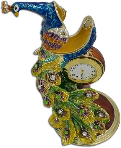Miniatura 4 de BestPysanky Figura de caja de baratijas de pavo real sentado en un reloj de 5.5 pulgadas