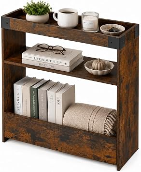 Narrow Side Table, 8" Slim End Table with Tray Top, Rustic Brown