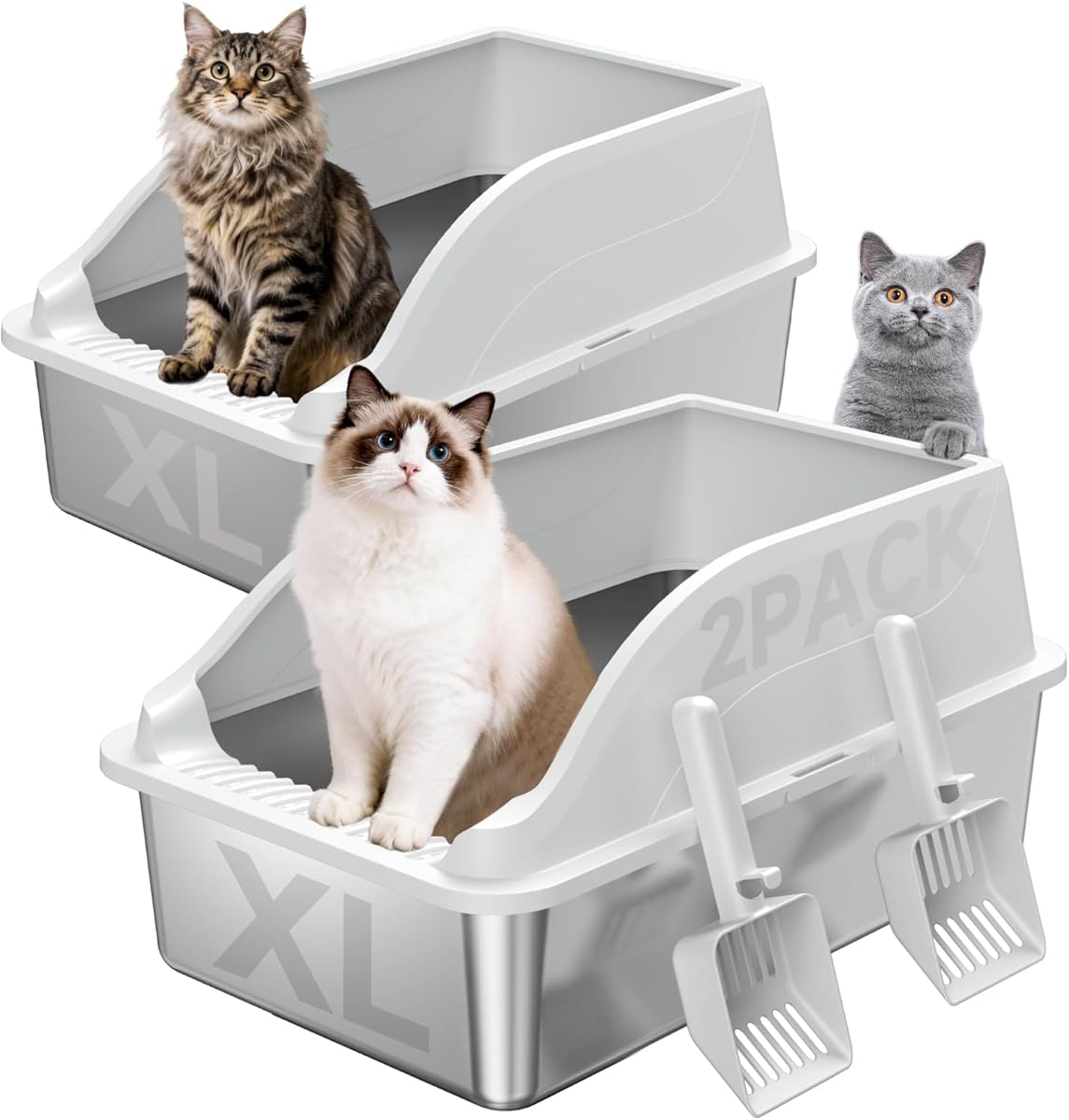2PACK Stainless Steel Litter Box, Odor Free XL Metal Litter Box Extra Large with High Sides, Easy Cleaning Open Top Litter Pan Include Scoop Non-Sticky Kitty Cat Box Anti-Urine Leakage, Anti-Scratch