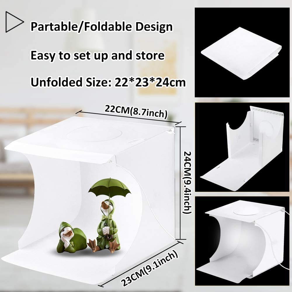 DUCLUS Pudełko oświetleniowe na zdjęcia, 24 x 23 x 22 cm, mini studio fotograficzne, namiot świetlny z oświetleniem LED, przenośny, składany, do fotografii, małych przedmiotów, takich jak biżuteria