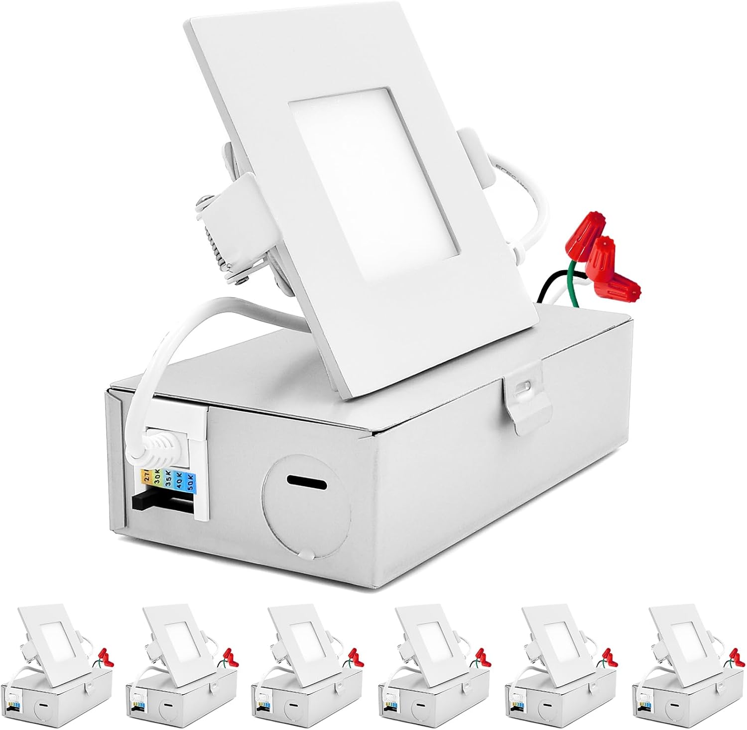 SUNPERIAN 3 Inch Square Ultra-Thin LED Recessed Lighting with Junction Box, 5 Color Options 2700K/3000K/3500K/4000K/5000K, 8W, 540 Lumens, Dimmable Wafer Lights, Wet Rated, IC Rated (6 Pack)