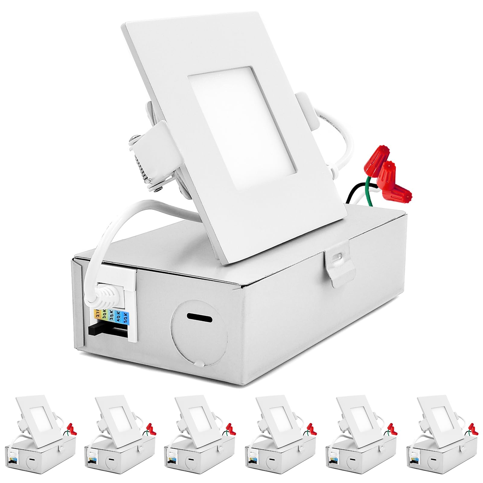 SUNPERIAN 3 Inch Square Ultra-Thin LED Recessed Lighting with Junction Box, 5 Color Options 2700K/3000K/3500K/4000K/5000K, 8W, 540 Lumens, Dimmable