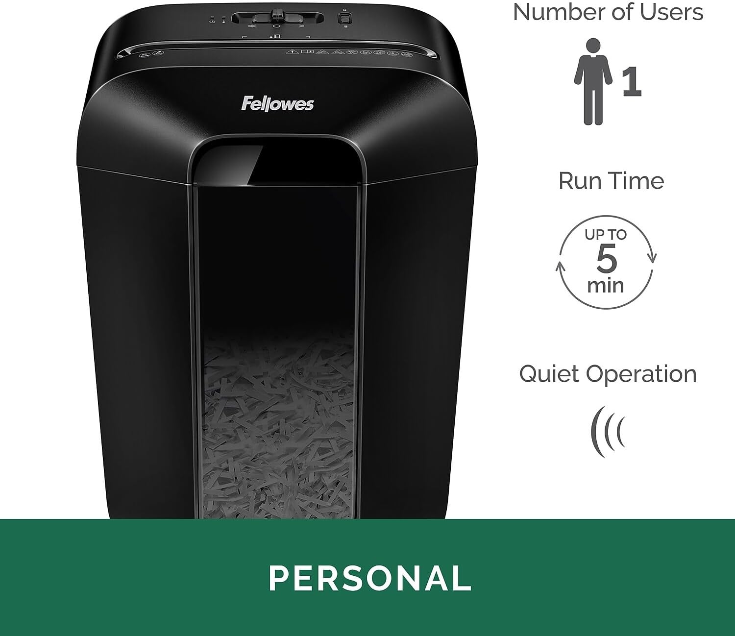 Fellowes Powershred LX70-DB shredder with icons indicating single user, 5-minute run time, and quiet operation.