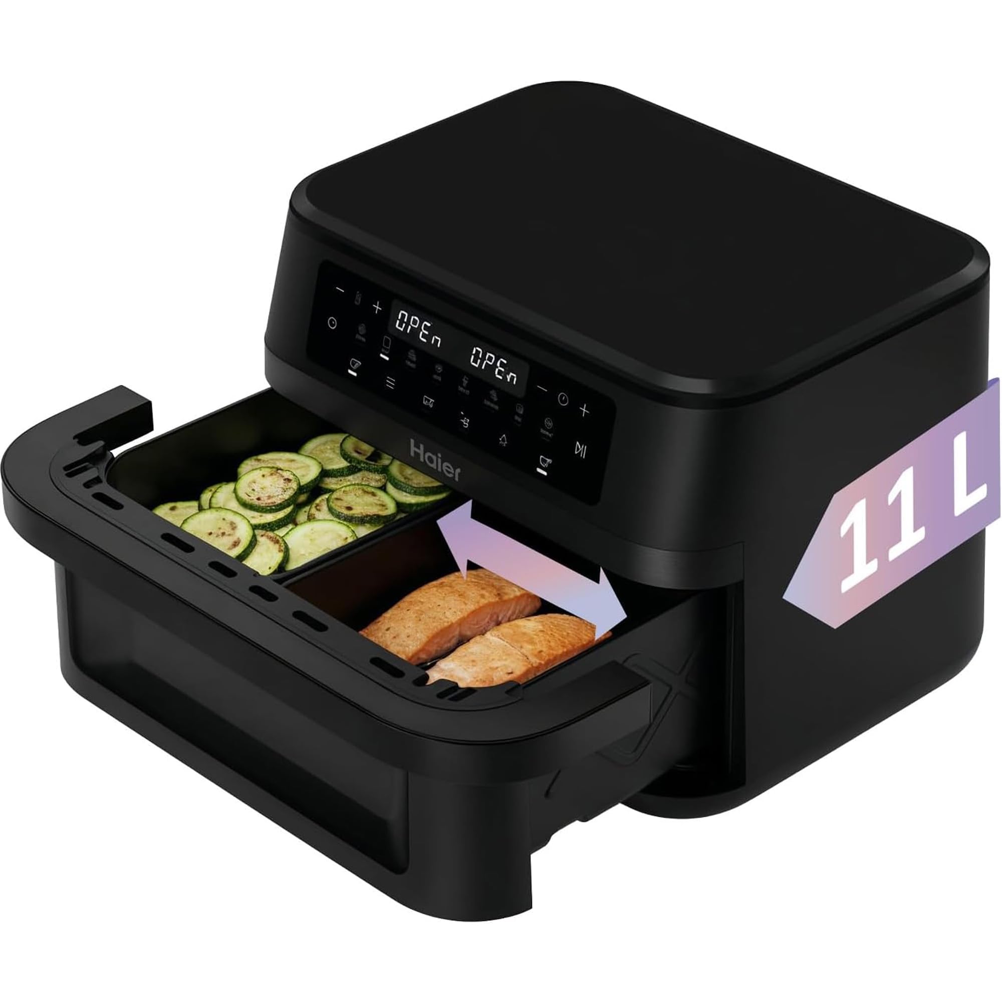 Haier Friggitrice ad Aria Doppio Cassetto 11 Litri con Finestra, 1500W, Doppio Elemento Riscaldante, Luce LED Interna, Controllo Touch, 60-200°C, App hOn, Nero HAF3ADW 011