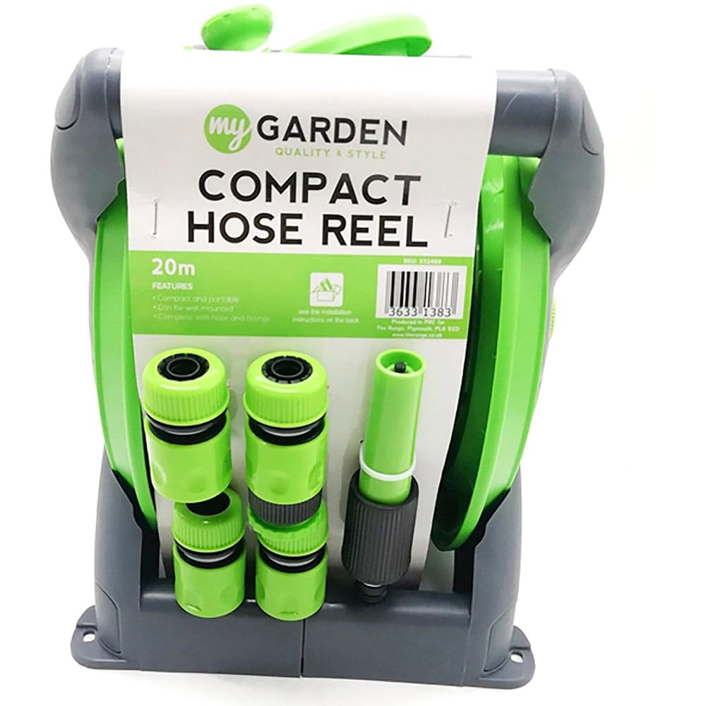 Wilko Compact Hose Reel with 20m Hose, Green and Grey, Includes Nozzle and Connectors, 26x29.5x28cm, 2.5kg