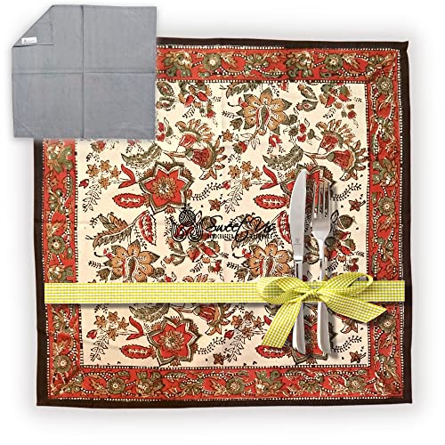 Sweet Us Vintage Floral Cotton Block Print Set of Two Dinner Napkins and One Gray Napkin, Floral Kitchen Dining Napkin, Table Napkin for Indoor and Outdoors, Autumn Dust, 19 x 19 in