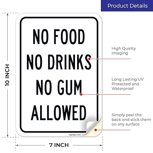 Miniatura 2 de Cartel de "No Food No Drinks No Gum Allowed", 10 x 7 pulgadas, calcomanías de vinilo de 4 mil, resistentes a la intemperie, fabricadas en Estados