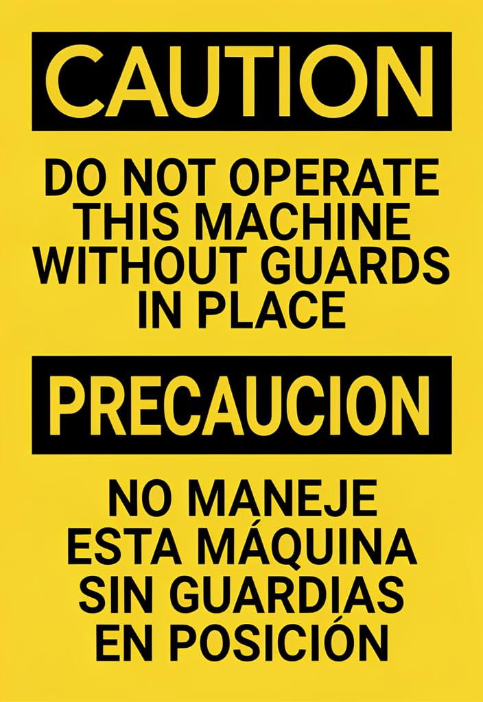 peiyeety Caution/Precaucion Safety Tin Sign 12x8 Inch – DoOperate This Machine Without Guards in Place Bilingual English Spanish Metal Wall Decor for Workshop, Garage, Factory, Jobsite
