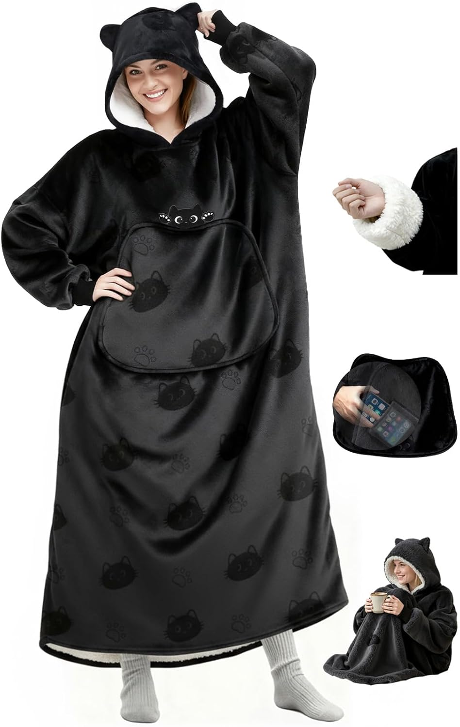 Mewaii Wearable Blanket Hoodie for Adults, Warm Sherpa & Soft Flannel Long Sweatshirt with Giant Pocket, Cozy Gifts for Women