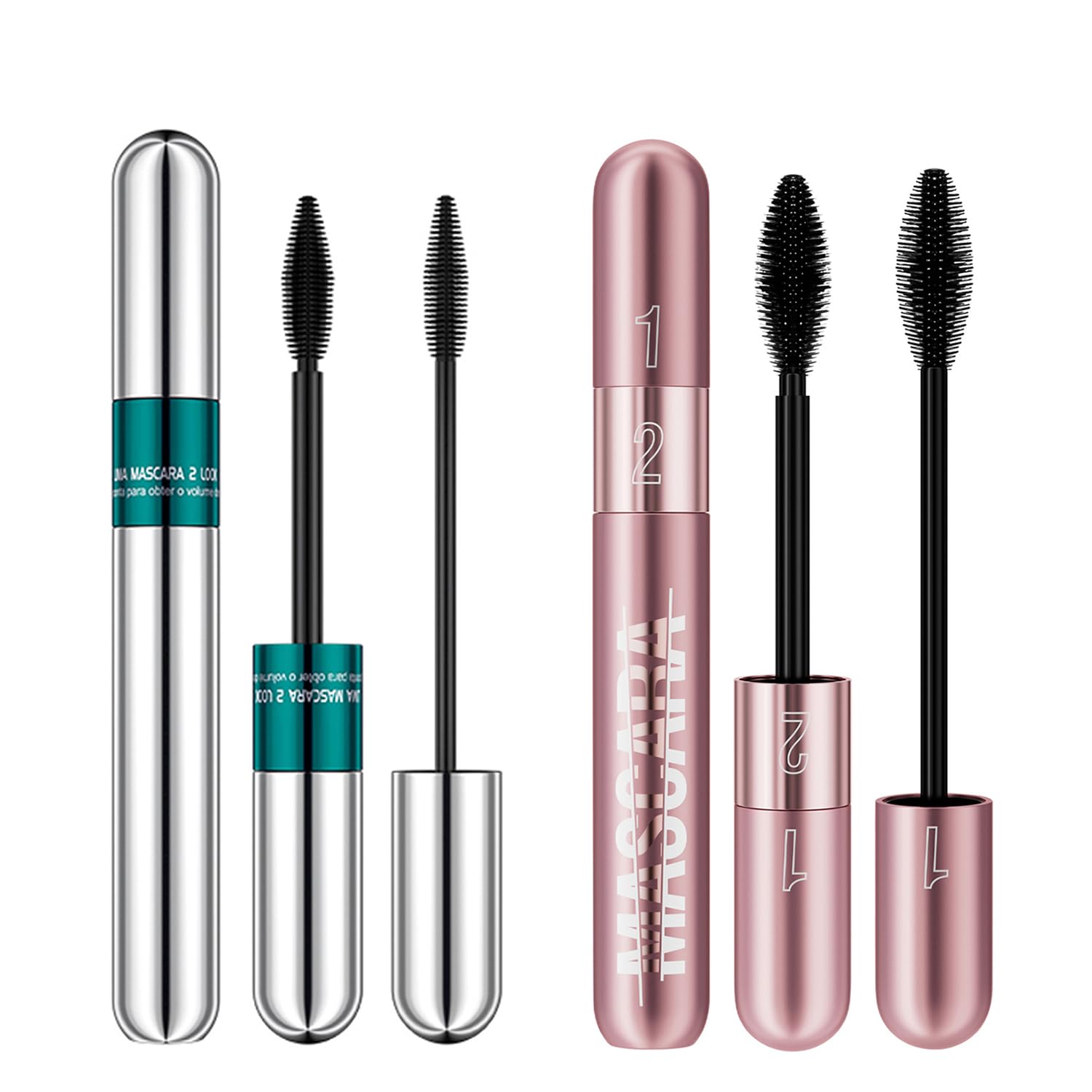 2Pcs 2 Step Lengthening & Volumizing Tubing Mascara, Smudge-Proof, Clump-Free, 2 in 1 Black Mascara For Natural Lengthening And Thickening Effect 2Pcs/Pink Tube+Silver Tube