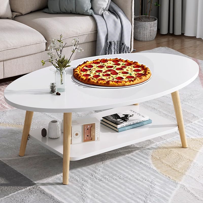 Anmas Power Table basse double couche, Tables d'appoint en bois blanc, Table de salon ovale, Pieds de table en bois de pin, Tables de canapé (80x40x40 cm)
