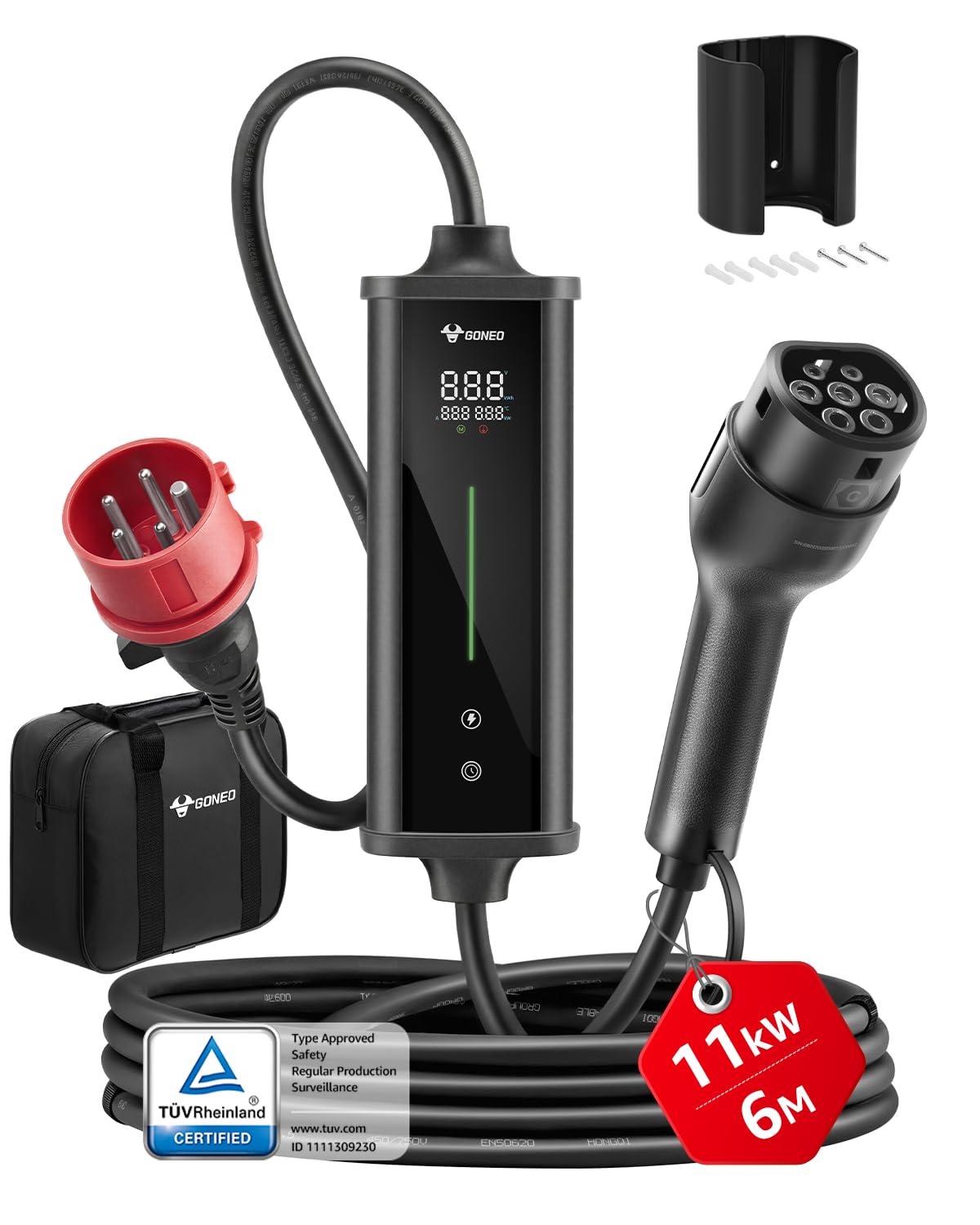 GONEO 11kW Typ 2 EV Ladegerät, 3-Phasig 16A CEE Stecker (6–16A Einstellbar), 6m Tragbares Ladekabel, Mobile Wallbox mit LCD Display, Timer & IP66 für Elektroauto