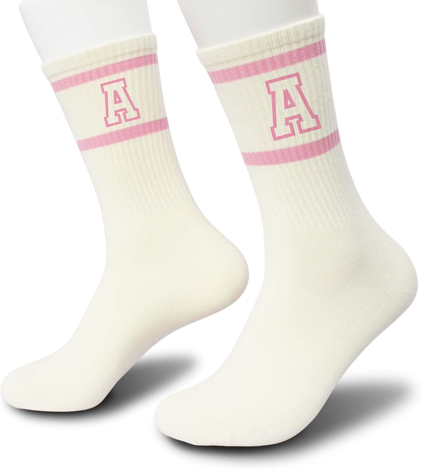 Pink and White Striped Crew Socks with the Letter, Classic Varsity Sports Style Monogram Socks - Image 4
