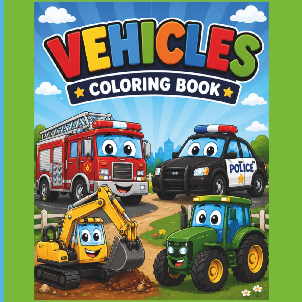 Vehicles Coloring Book: A Fun-Filled Coloring Adventure with Cars, Tractors, Trucks, and More