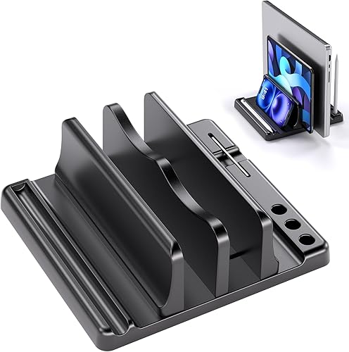 Soporte vertical para laptop, ancho ajustable, diseño 6 en 1, organizador de escritorio que ahorra espacio, compatible con MacBooks, tabletas,
